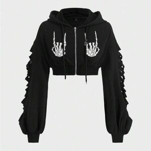 Black Cropped Hoodie ROMWE PUNK Skeleton Print Drop Shoulder Drawstring Hoodie L